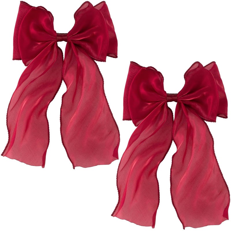 STSTR 2Pcs Large Hair Bow Clips, Silk Yarn Ribbon Bow Hair Barrette for Women, Elegant Long Tail Bowknot French Hair Accessories for Wedding, Parties, Festivals (Red) - Image 1
